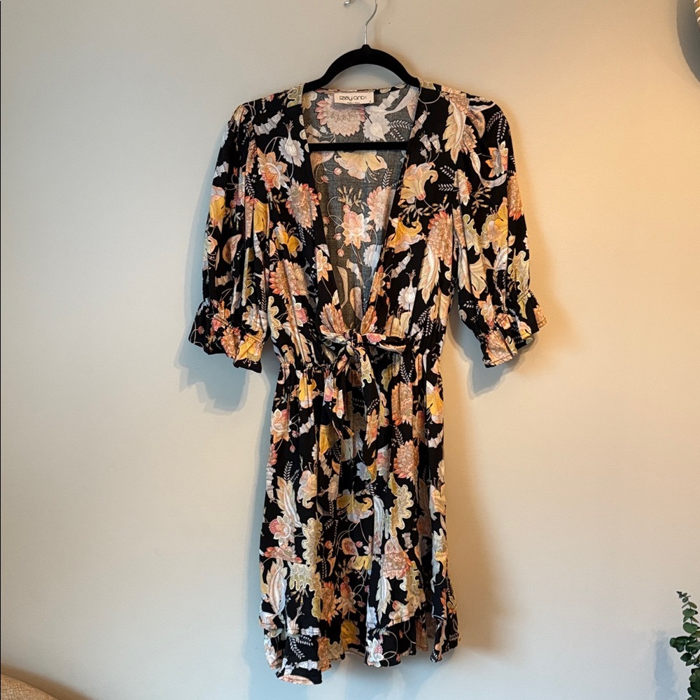 Floral Black Dress with Pink and Yellow Accents